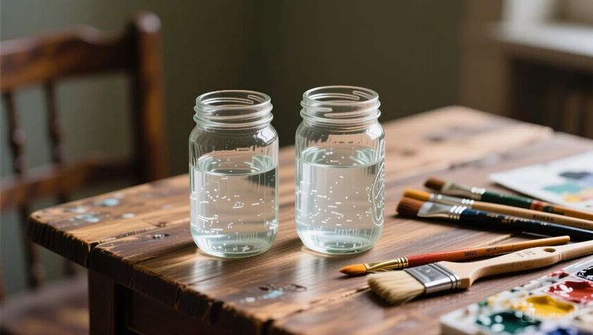 Twee glazen potten met water en penselen