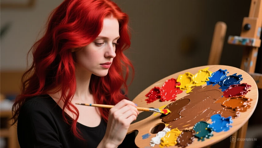 Vrouw die bruine verf mengt