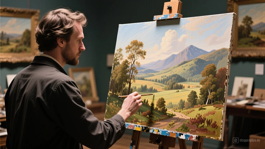 Artist admiring a finished painting