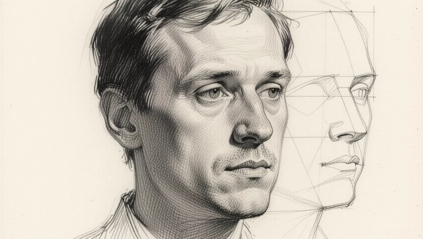 Potloodtekening van een mannengezicht.