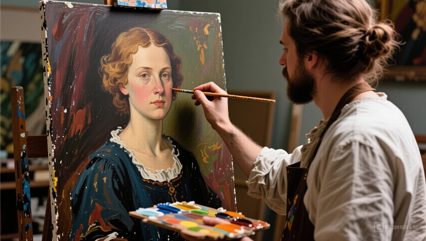 Schilder die laatste aanpassingen maakt aan een portretschilderij.