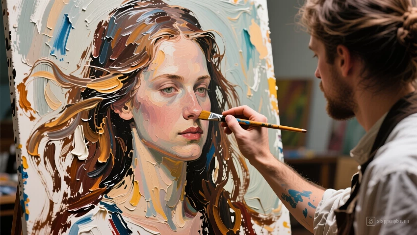 Schilder die het haar in een portret schildert.