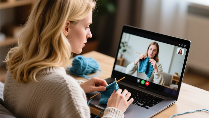 Vrouw kijkt naar een breilesvideo op haar laptop.