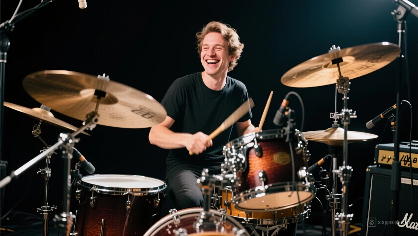 Drummer geniet van het spelen.