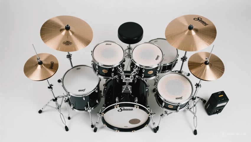 Bovenperspectief van drumkit met snare en toms.