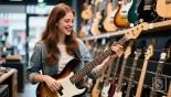Jonge vrouw die een nieuwe basgitaar bekijkt