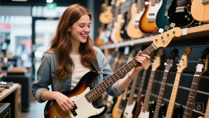 Jonge vrouw die een nieuwe basgitaar bekijkt
