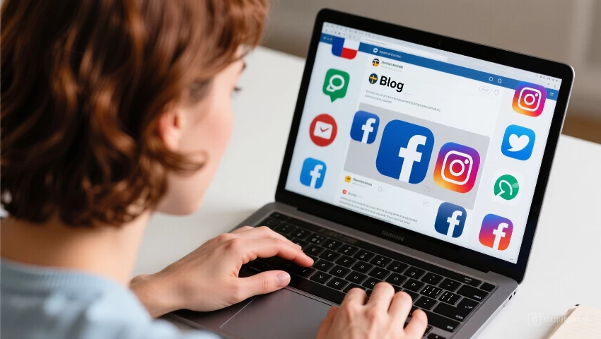 Persoon deelt blogpost op social media.