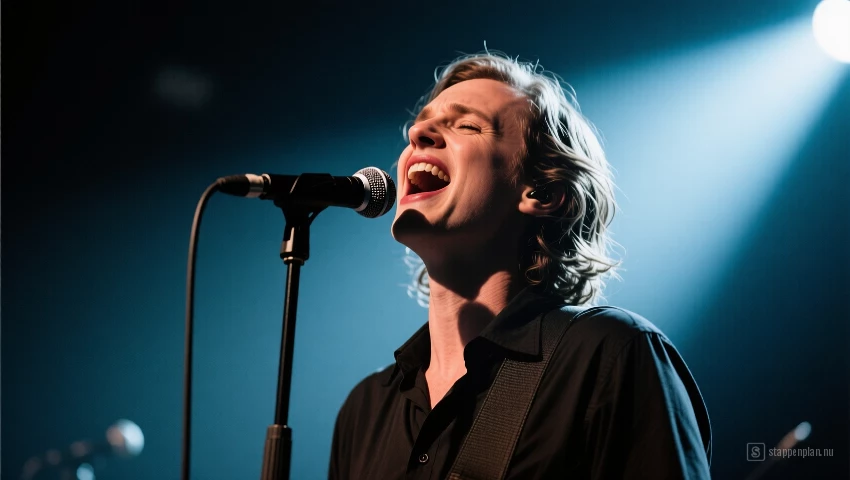Zanger op het podium met emotionele expressie