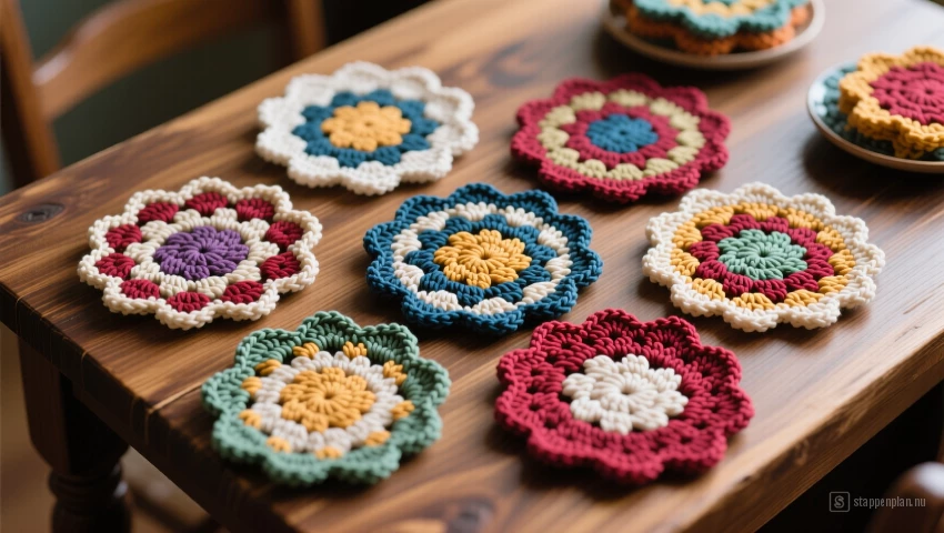 Een set voltooide gehaakte onderzetters in verschillende kleuren en patronen.