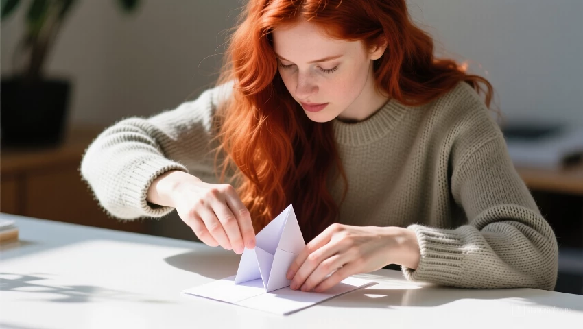 Vrouw vouwt papier tot een basisvorm.