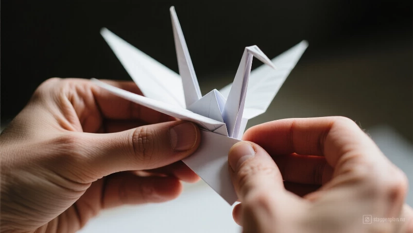 Handen vouwen vleugels en kop van kraan.