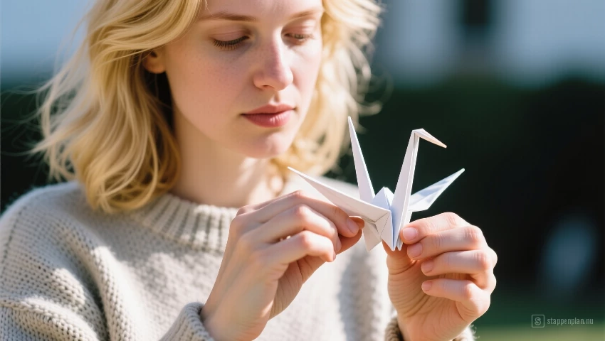 Vrouw vouwt kenmerken kraan.