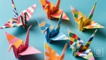 Meerdere origami kraanvogels in verschillende kleuren.