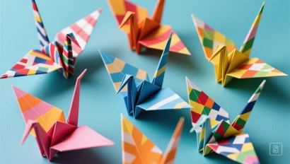 Meerdere origami kraanvogels in verschillende kleuren.