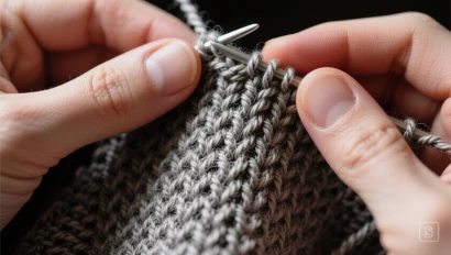 Hand breidt een lap met de ribbelsteek.