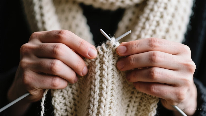 Handen breien een eenvoudige ribbelsteek sjaal.