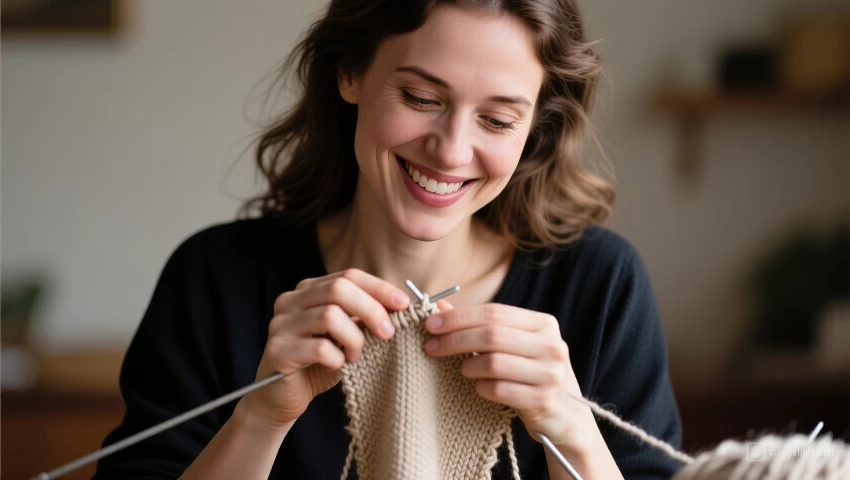 Vrouw werkt met focus en concentratie aan een breiproject.