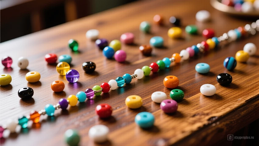 Kleurrijke kralen en draad op een houten tafel