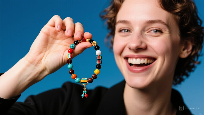 Persoon die trots een handgemaakte kralenarmband toont