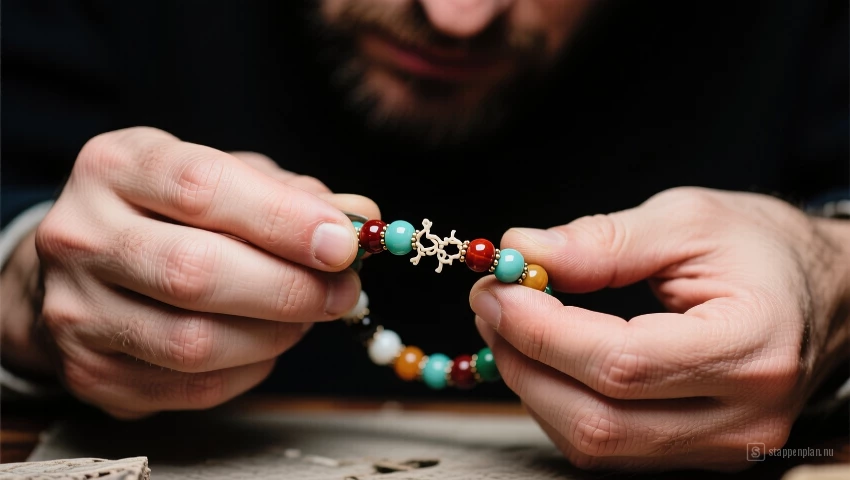 Persoon die een kralenarmband controleert