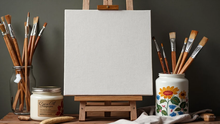 Canvas, penselen en gesso op een ezel