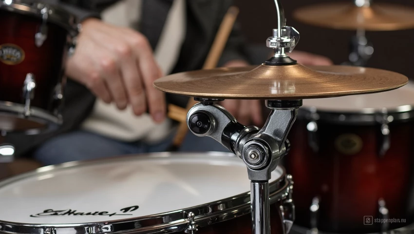 Drummer stelt de hoogte van de hi-hat in.