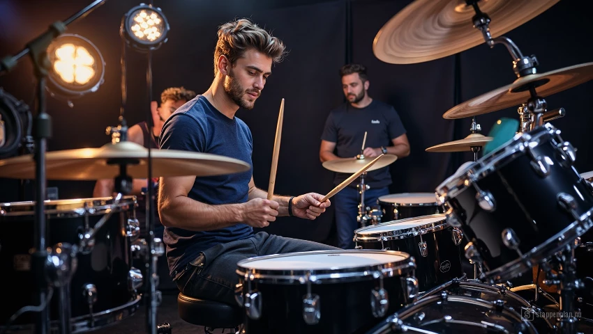 Drummer past de positie van een tom aan.