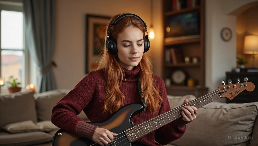 Jonge vrouw die basgitaar oefent