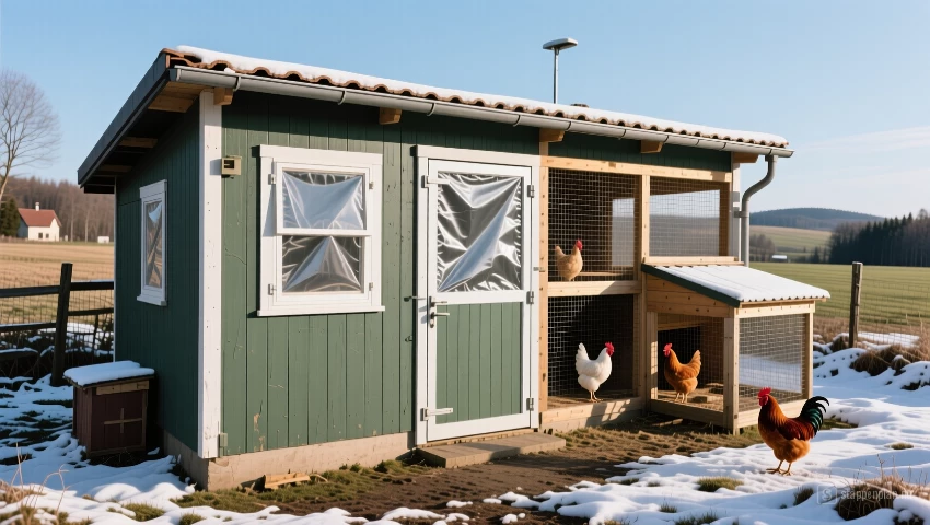 Een kippenhok met afgesloten ramen en deuren.