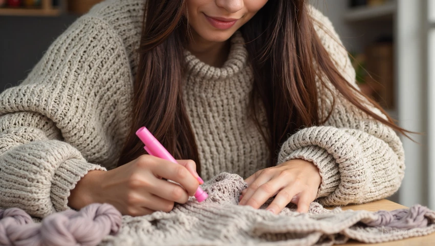 Vrouw markeert belangrijke delen in een breipatroon.