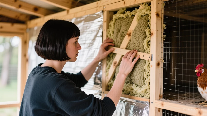Een persoon die isolatiepanelen in het frame van een kippenhokwand past.