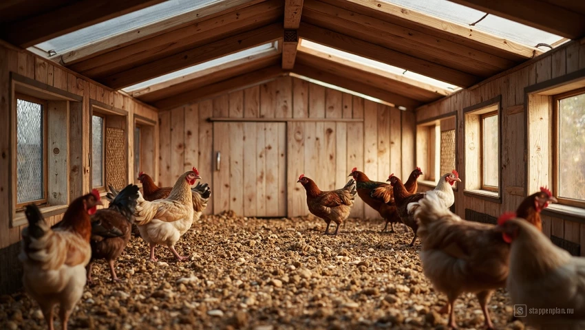 Het interieur van een kippenhok met een goed geventileerd dak.