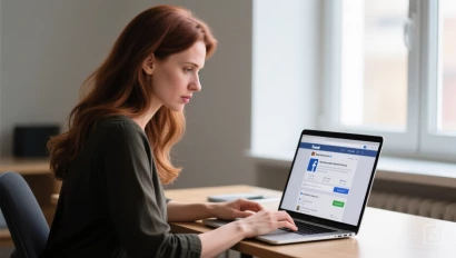 Vrouw die Facebook instellingen op laptop bekijkt