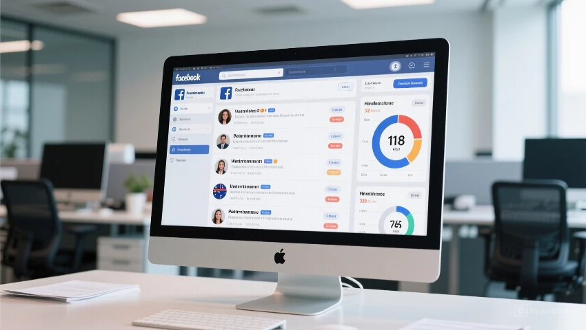 Moderne werkplek met lijst Facebook posts en prestatiegegevens