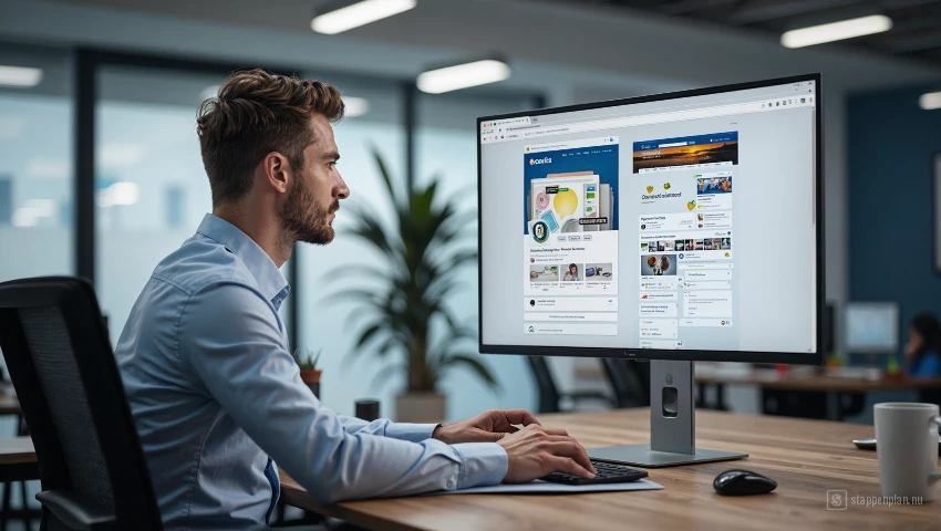 Moderne werkplek met vergelijking Facebook pagina's