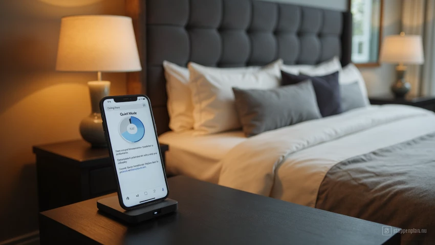 Smartphone met 'Stille Modus' instellingen op nachtkastje