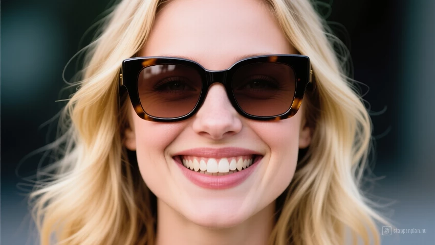 Vrouw met blond haar draagt oversized vierkante zonnebril