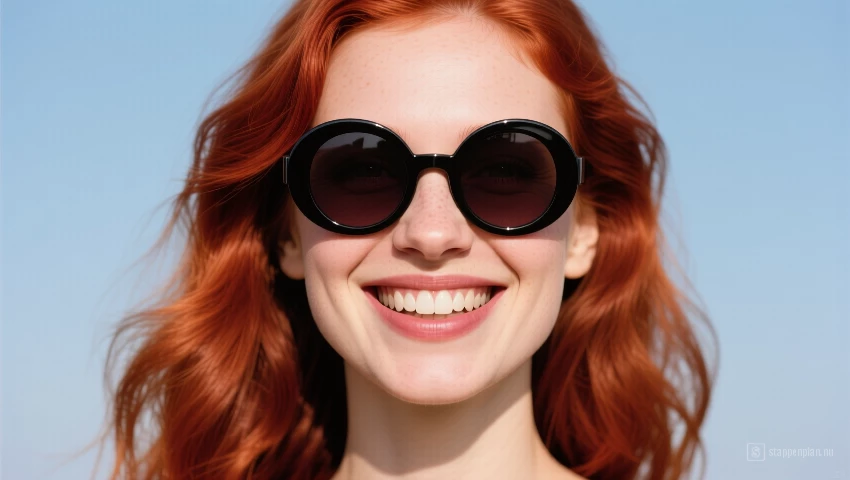 Vrouw met rood haar draagt oversized ronde zonnebril