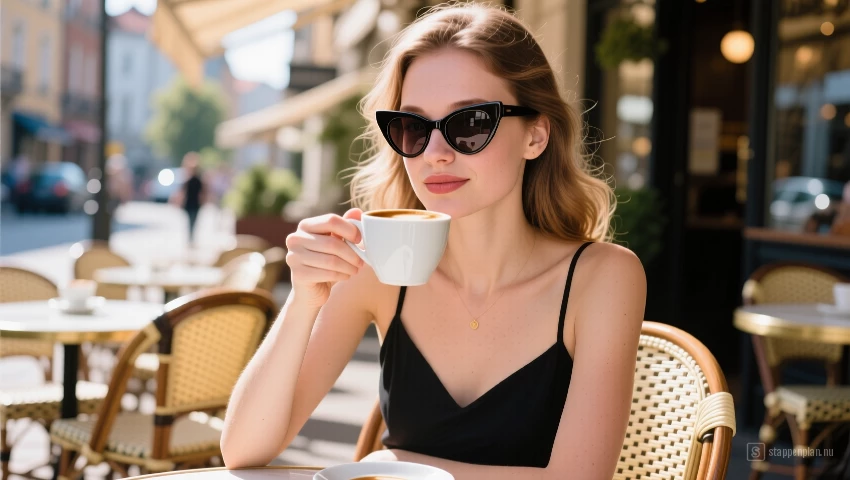 Vrouw met hartvormig gezicht draagt cat-eye zonnebril