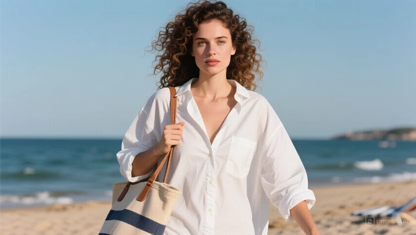 Vrouw in oversized overhemd op het strand