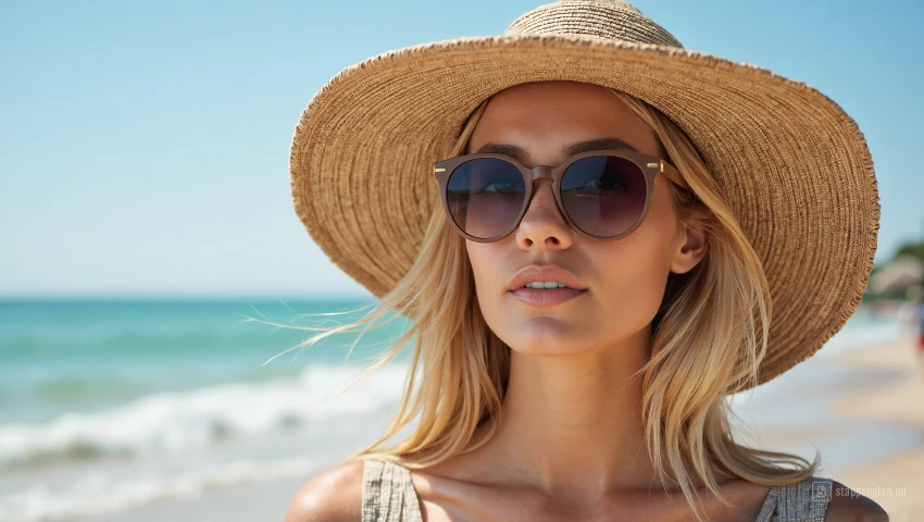 Vrouw met zonnebril en hoed op het strand
