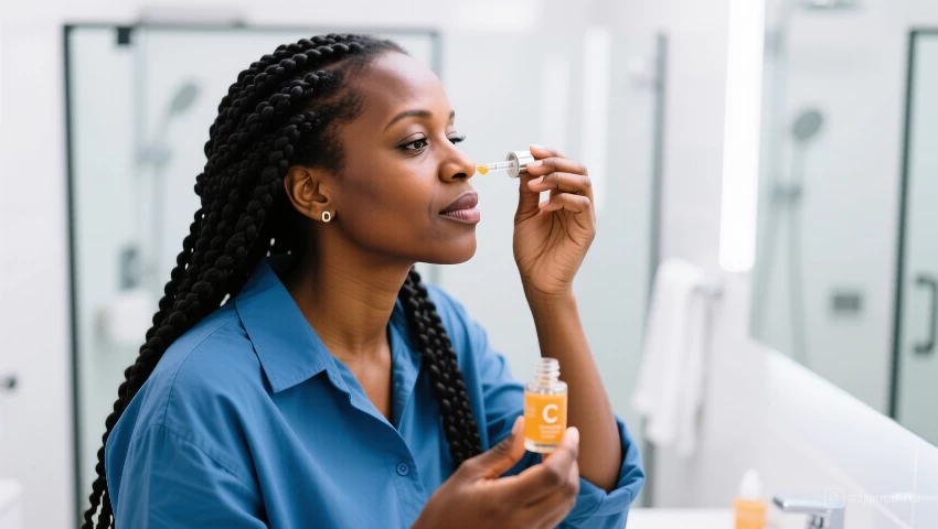 Vrouw brengt vitamine C serum aan