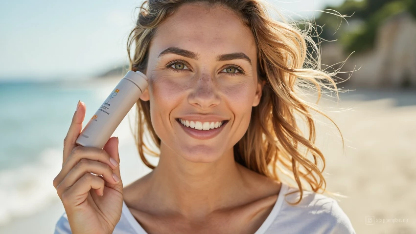 Vrouw brengt zonnebrandcrème aan op het strand