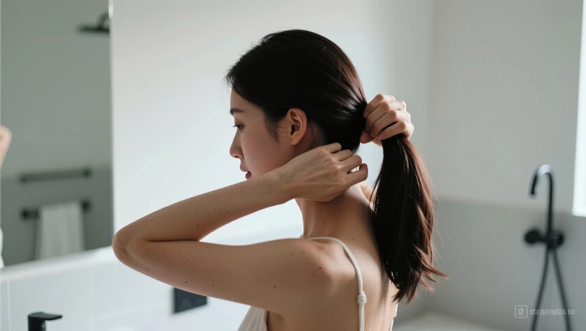 Vrouw die haar haar in een lage staart bindt.