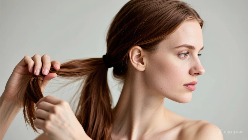 Vrouw met lang haar draait haar haar rond.