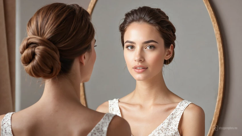 Digitale illustratie van een vrouw die haar chignon bewondert.