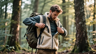 Man trekt fleece vest uit en bergt op.