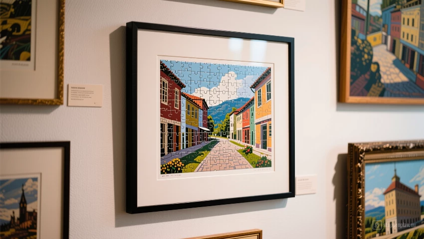 Ingelijste puzzel aan muur tussen ander kunstwerk.