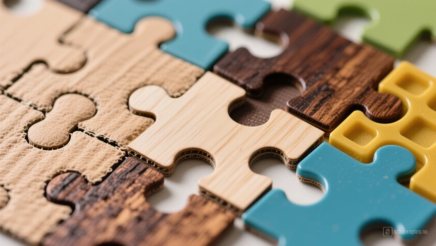 Close-up van puzzelstukjes van verschillende materialen.